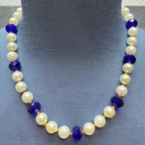 Elegant new handmade faux Pearl and Blue Crystal Beaded Necklace